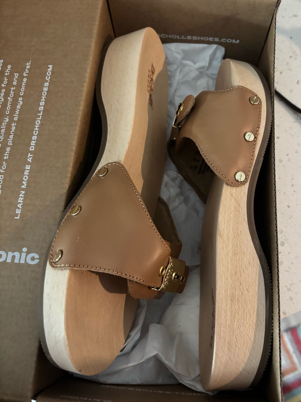 Dr. Scholl's Tan Slide Sandals with Gold Buckle - Picture 2 of 5